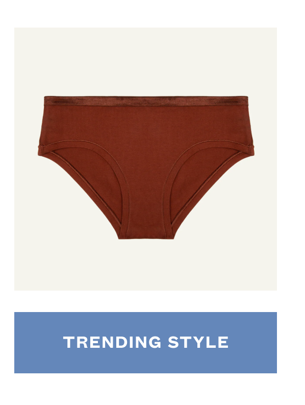 Rust-colored organic cotton brief underwear product image with “Trending Style” label.