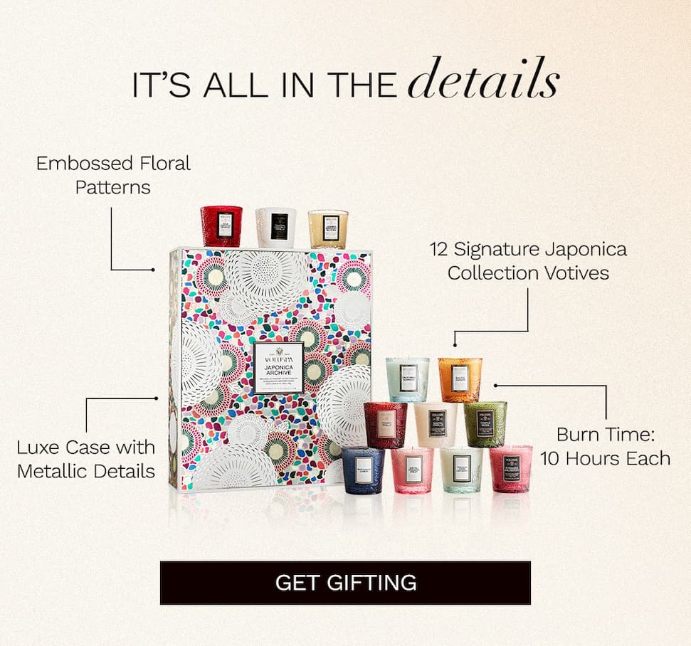It's all in the details. Embossed Floral Patterns, 12 Signature Japonica Collection Votives, Luxe Case with Metallic Details, Burn Time: 10 Hours Each. Get gifting.