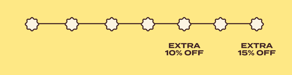 5+ items: Extra 10% off. 7+ items: Extra 15% off.