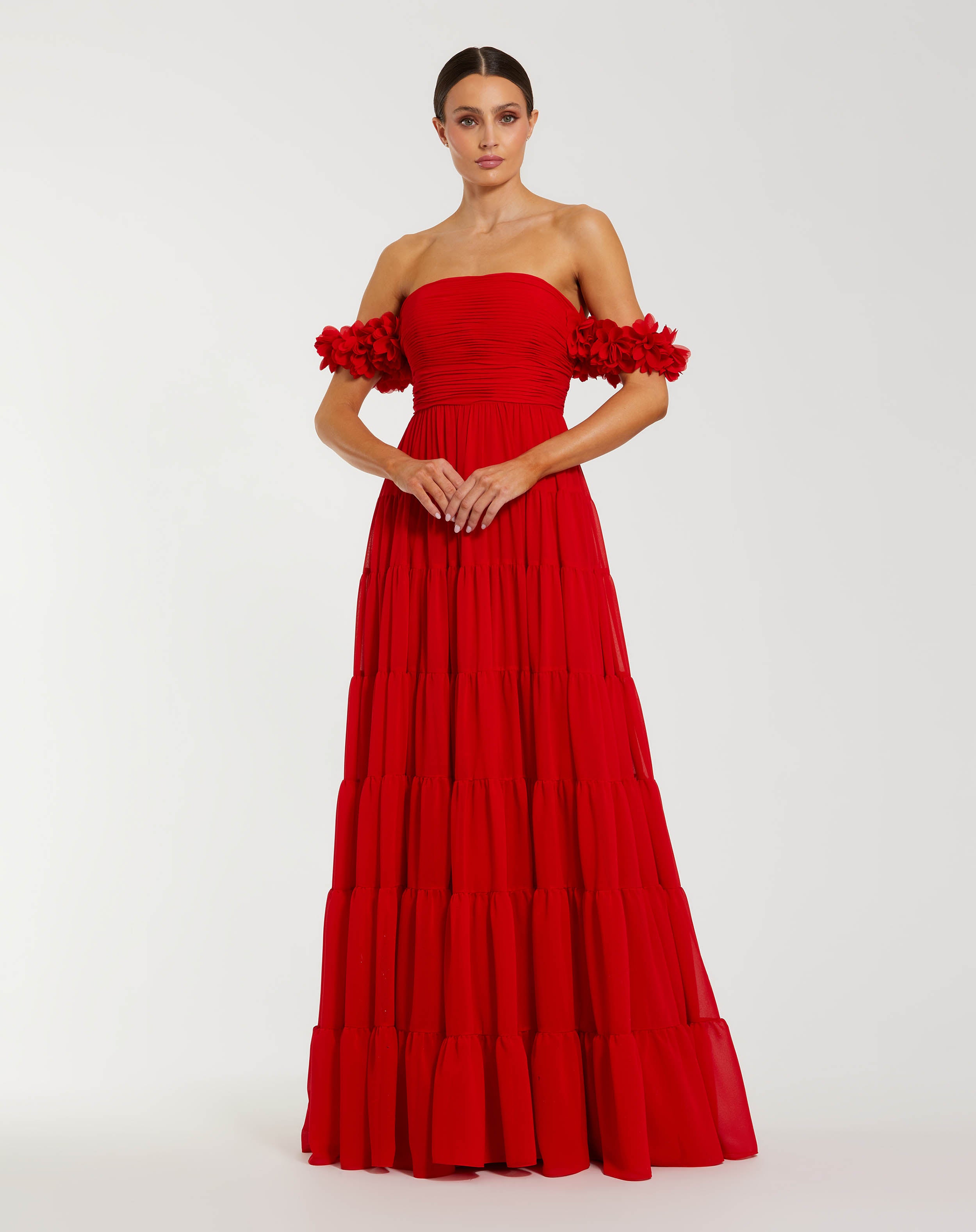 Image of Red Off The Shoulder Tiered Gown With 3D Flowers