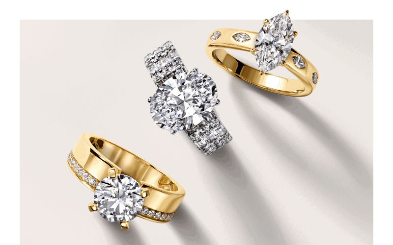 Rotating images of diamond engagement rings.