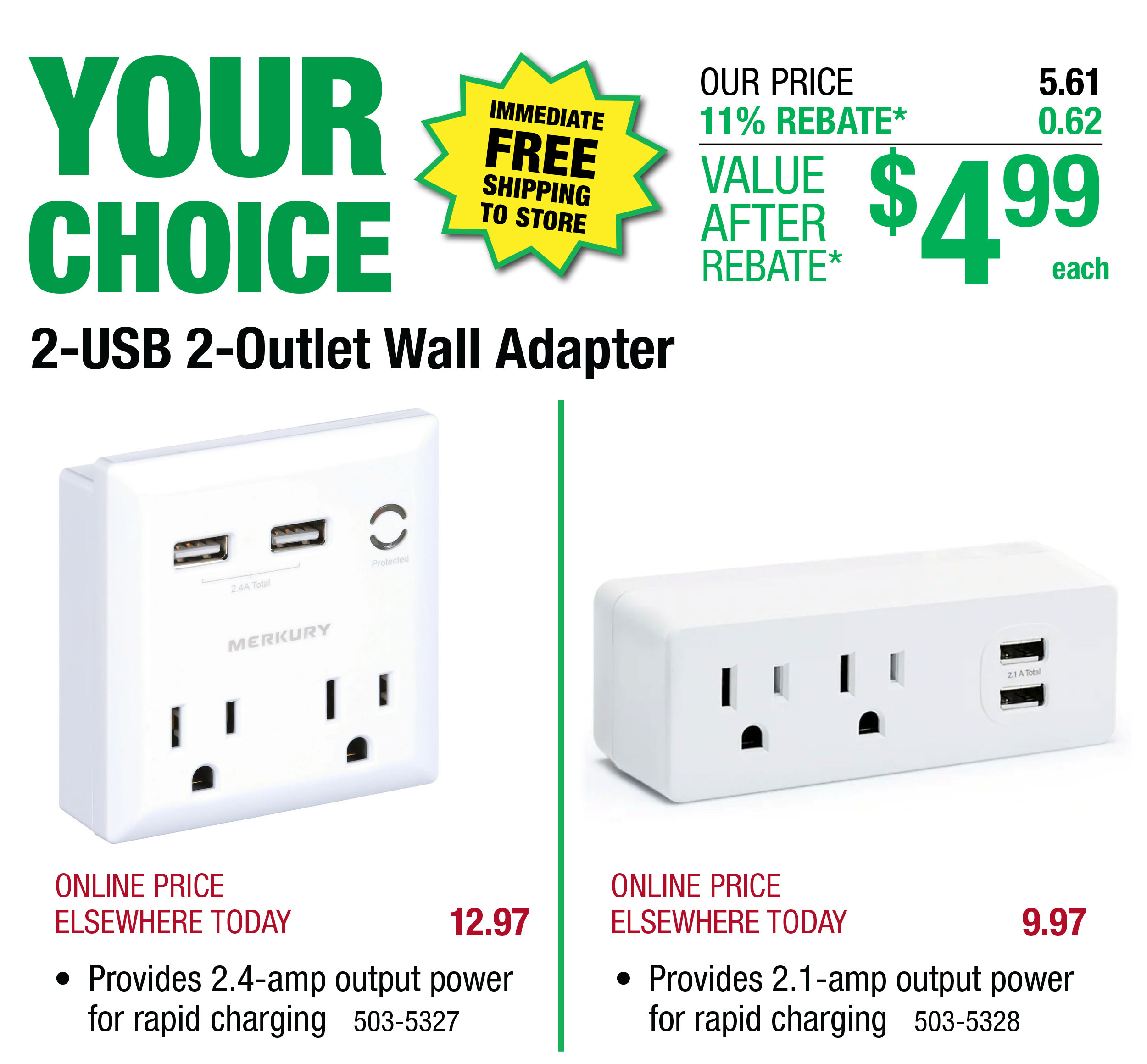 Your Choice 2-USB 2-Outlet Wall Adapter - ONLY $4.99 After Rebate*!