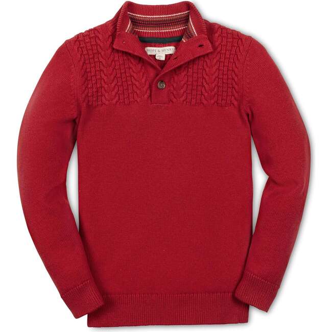 Image of Organic Long Sleeve Mock Neck Sweater with Cable Yoke, Red Cable Yoke