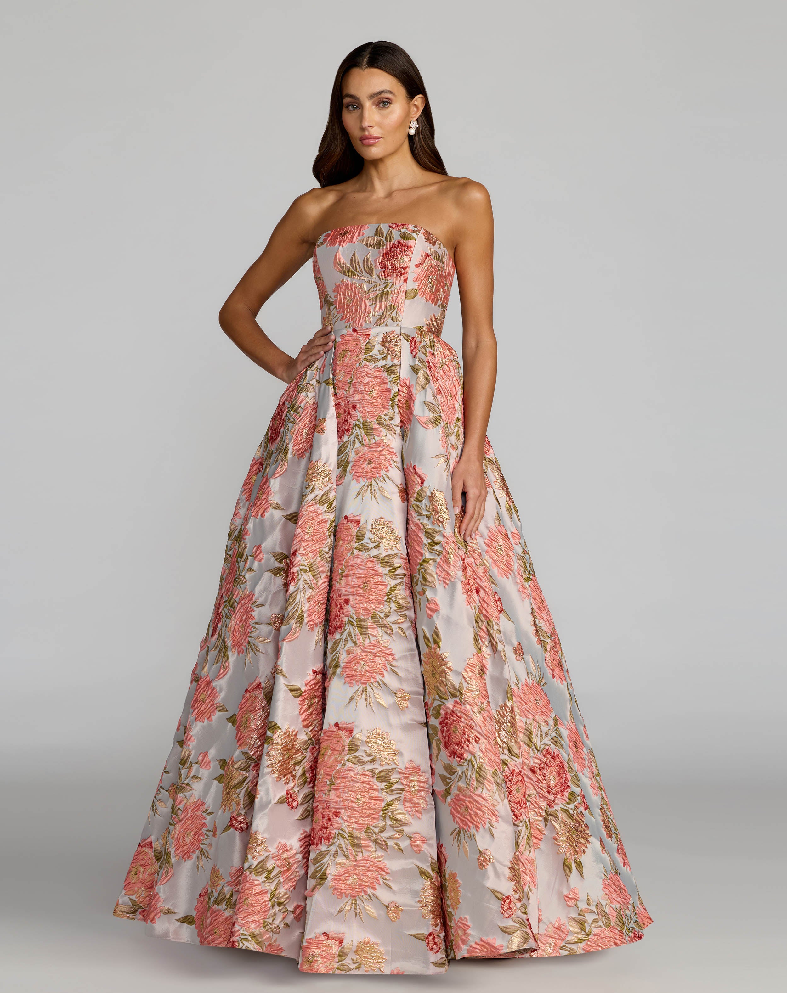 Image of Pink Strapless Floral Brocade Ball Gown With Pockets
