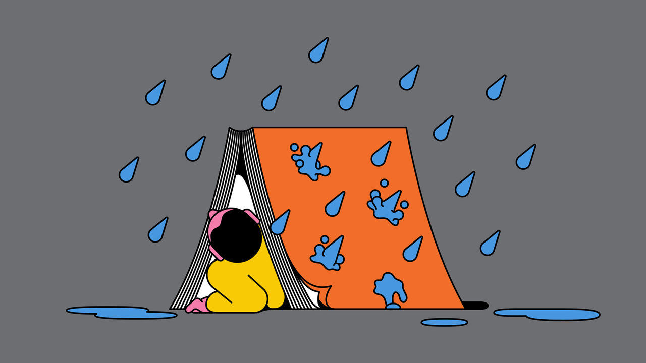 An illustration of a person taking shelter from the rain under a large book.
