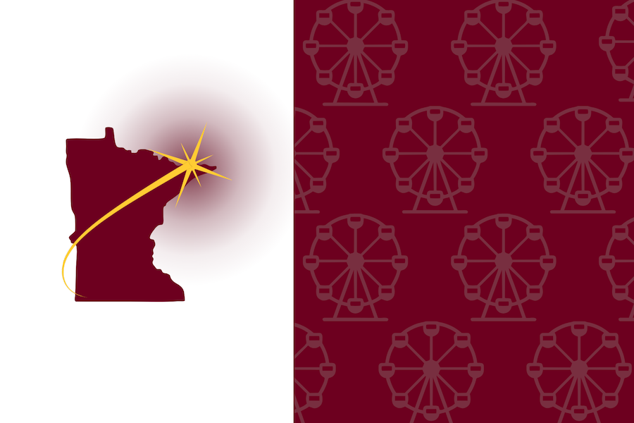 Maroon outline of the state of Minnesota with a gold star shooting to the upper right on the left side of the image with a maroon pattern of ferris wheels on the right.