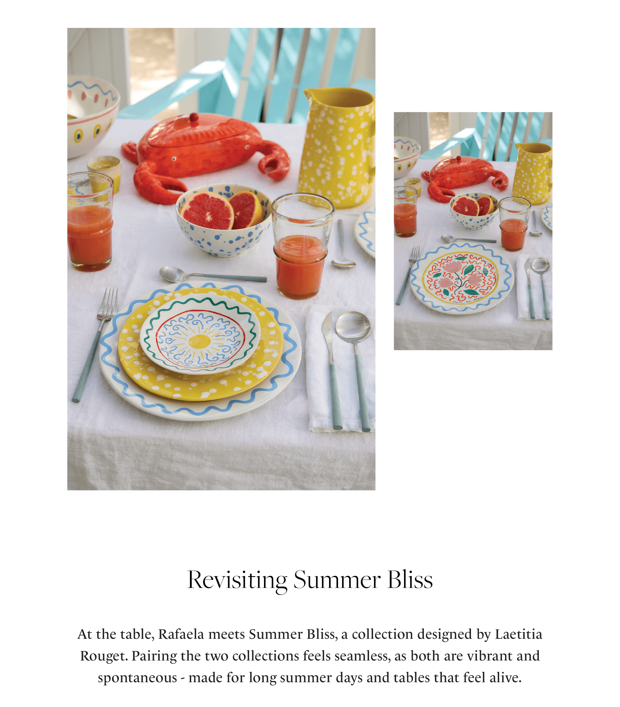 Two photographs of a table set with Rafaela and Summer Bliss collections: flat plate with colourful floral motif, bowl with blue splashes, yellow jug with white splashes and red decorative lobster, with text Revisiting Summer Bliss and description of the pairing between the two collections made for long summer days