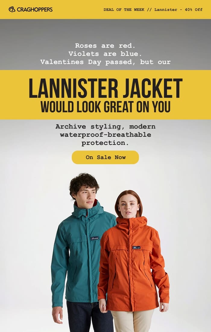 Studio photos of two people wearing vintage-styled Craghoppers Lannister Waterproof Jackets. On sale now.