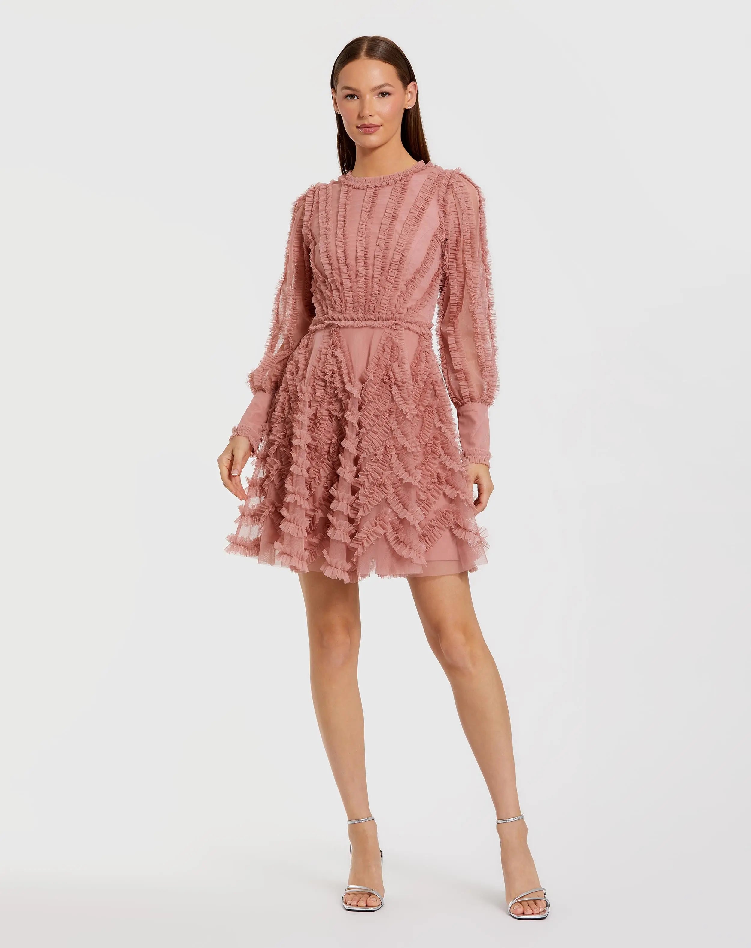 Image of Pink Ruffle Lace Up Back Long Sleeve Mini Dress