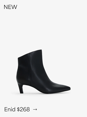 The Enid Boots is a pointed-toe black leather ankle boot with a slim heel, labeled “Enid $268 New.”