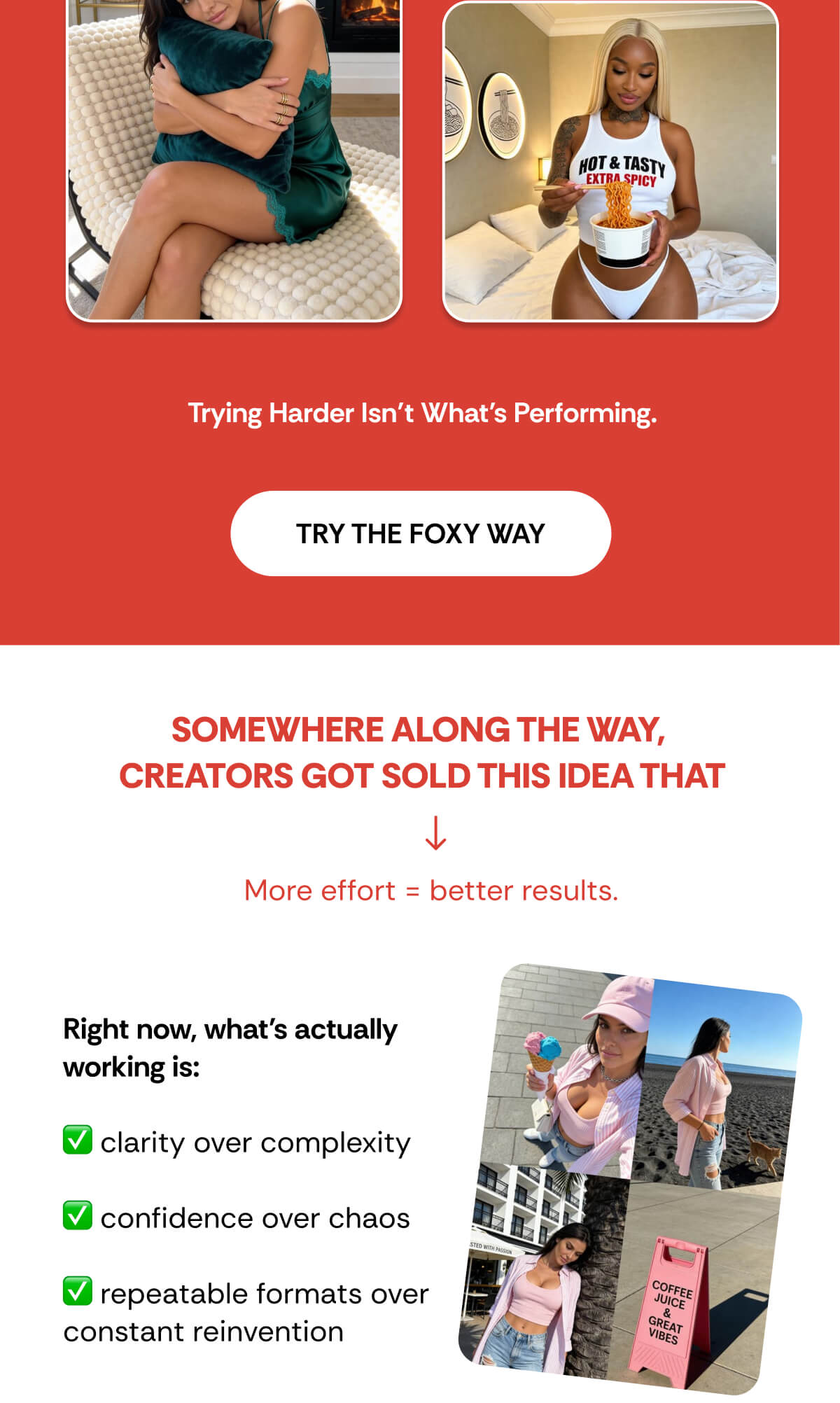 Trying Harder Isn’t What’s Performing. SOMEWHERE ALONG THE WAY,  CREATORS GOT SOLD THIS IDEA THAT More effort = better results. Right now, what’s actually working is:  ✅ clarity over complexity  ✅ confidence over chaos  ✅ repeatable formats over constant reinvention