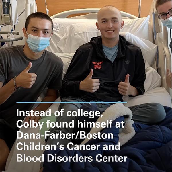 Colby Rocheford, 19, pictured in his infusion suite with friends