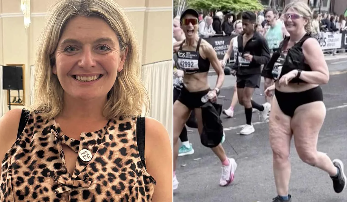 A photo of a woman; and, the same woman running in her underwear.