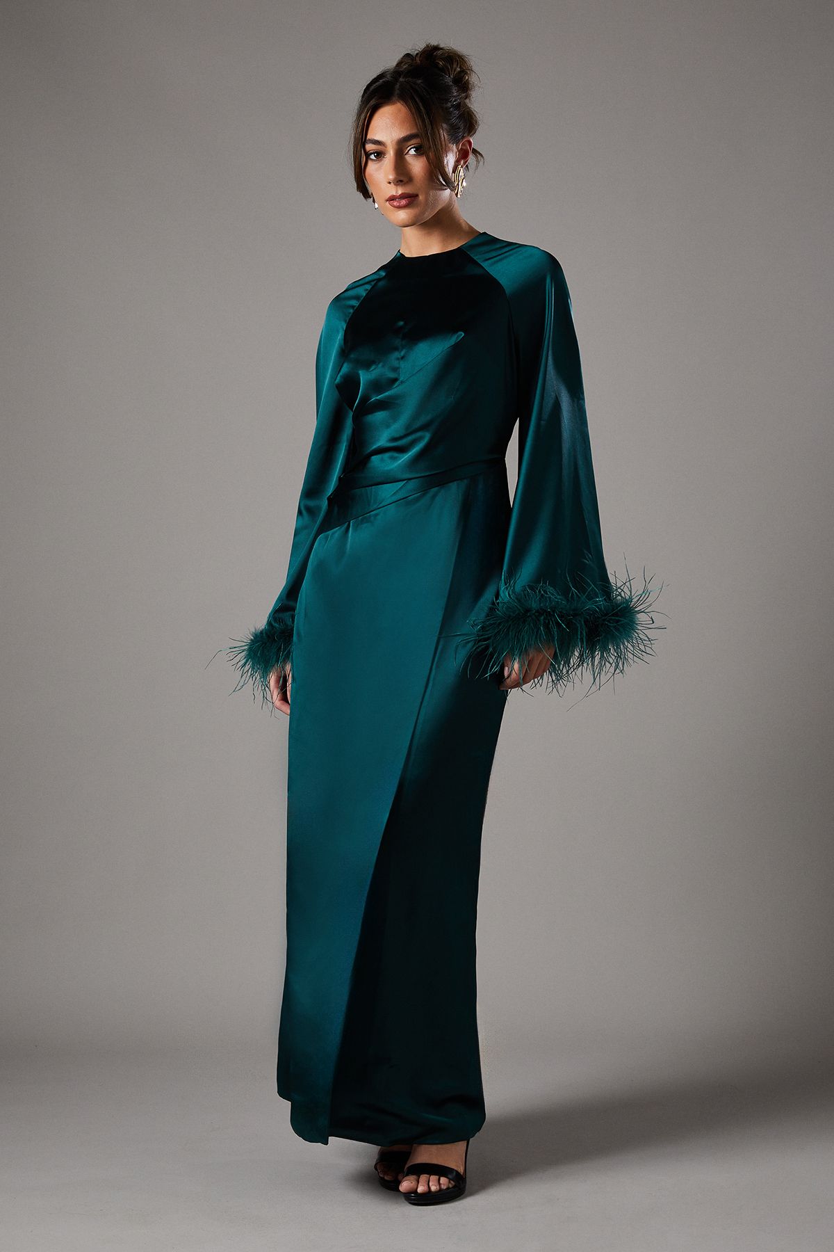 Feather Trim Satin Maxi Dress