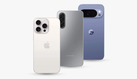 Three smartphones: a white Apple iPhone 15 Pro, a grey Samsung Galaxy A17 and a Google Pixel 10 Pro in Moonstone.