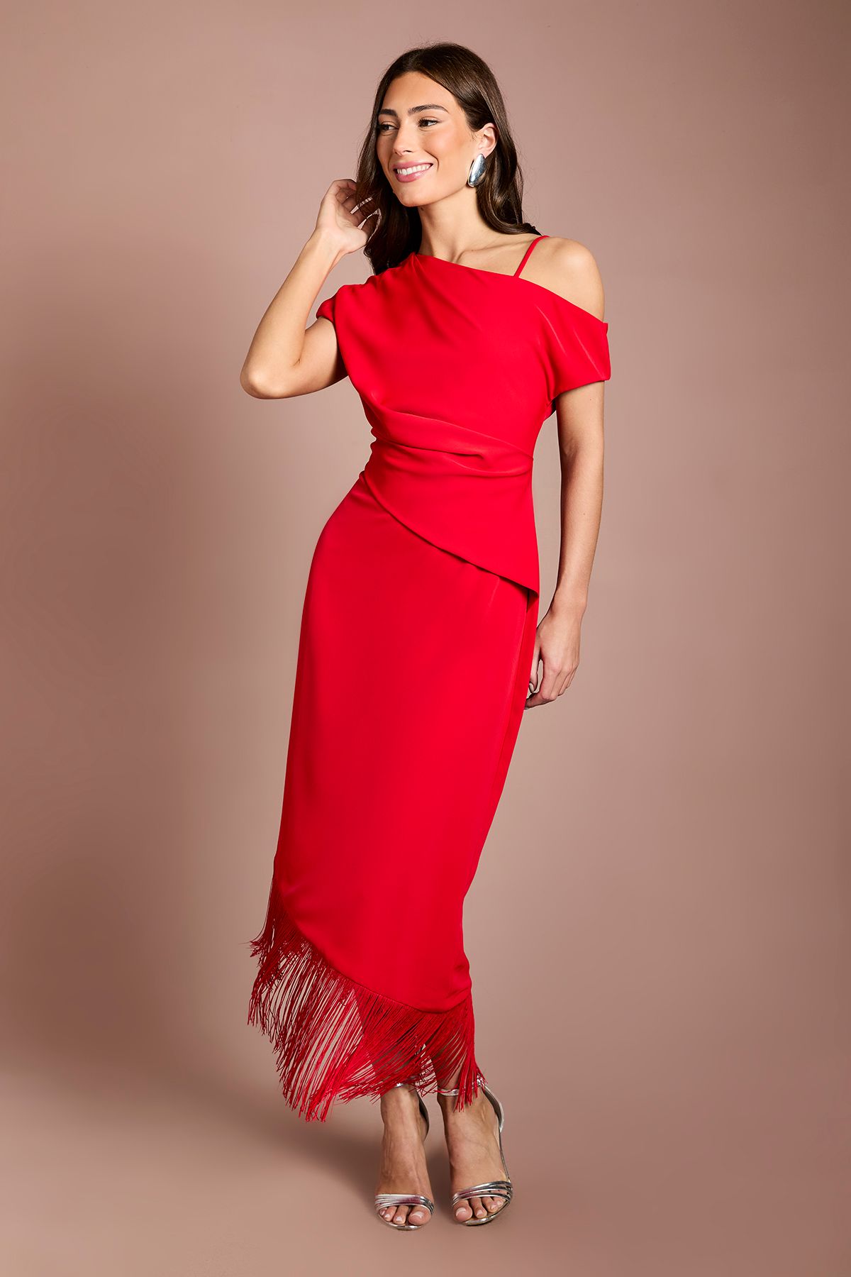 Drape Sleeve Asymmetric Fringed Hem Midi Dress