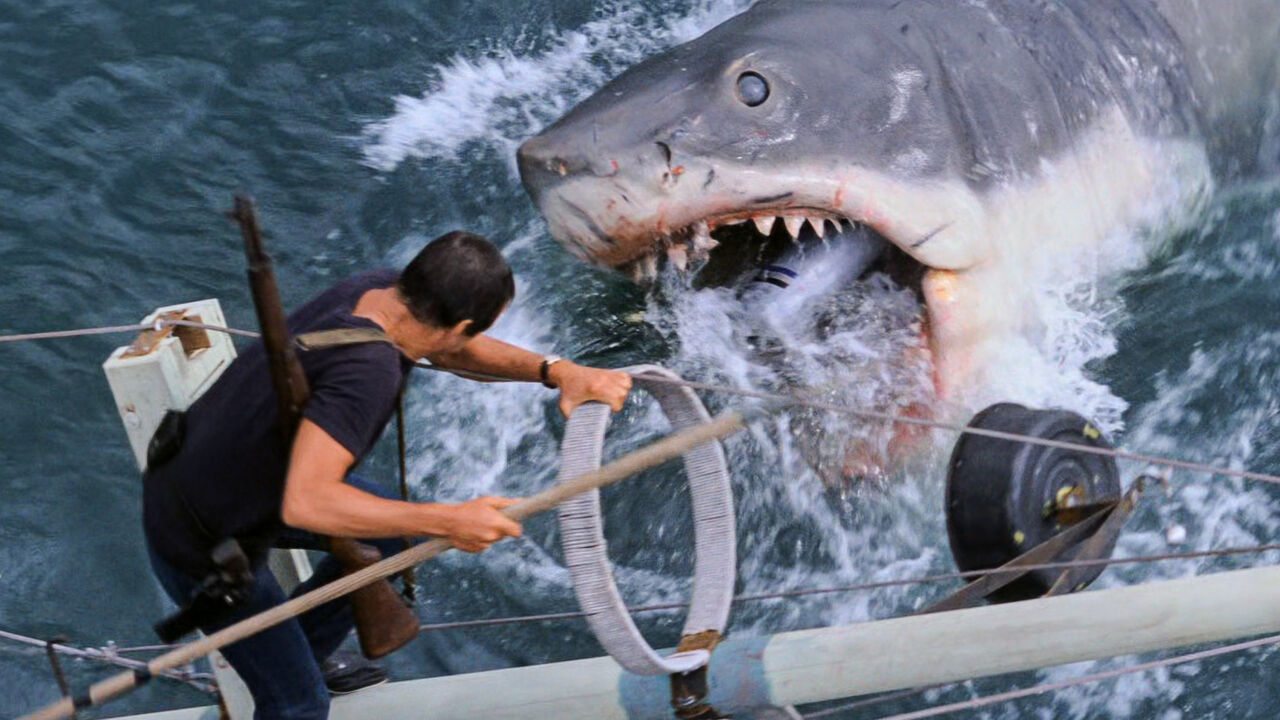 Scene from Jaws - Massive shark attacking man on boat.