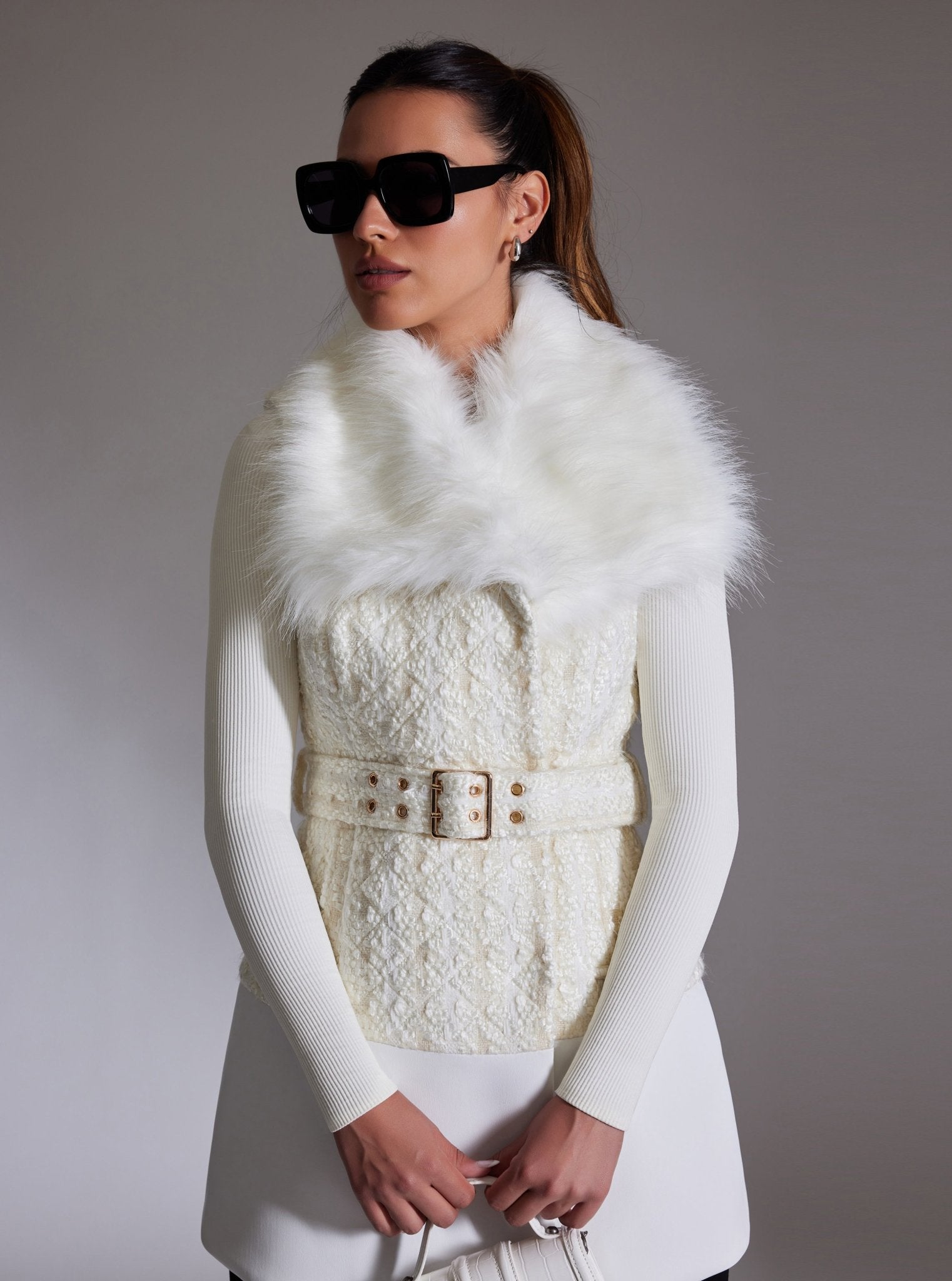 Image of Irina Boucle Long Vest Gold Trim FINAL SALE LAST CALL