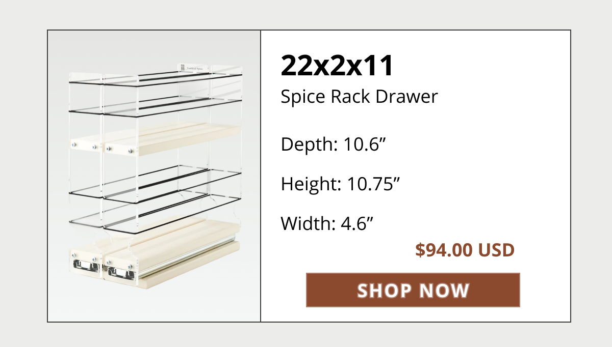 Vertical Spice 33x1x11 spice rack drawer organizer with product dimensions and price displayed.