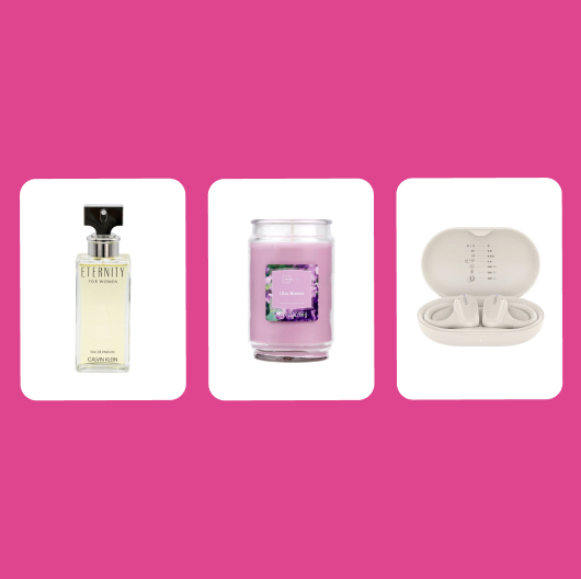 A bottle of Eternity by Calvin Klein perfume, a pink candle, and a pair of Belkin SoundForm wireless earbuds sit inside separate white tiles against a hot pink background.