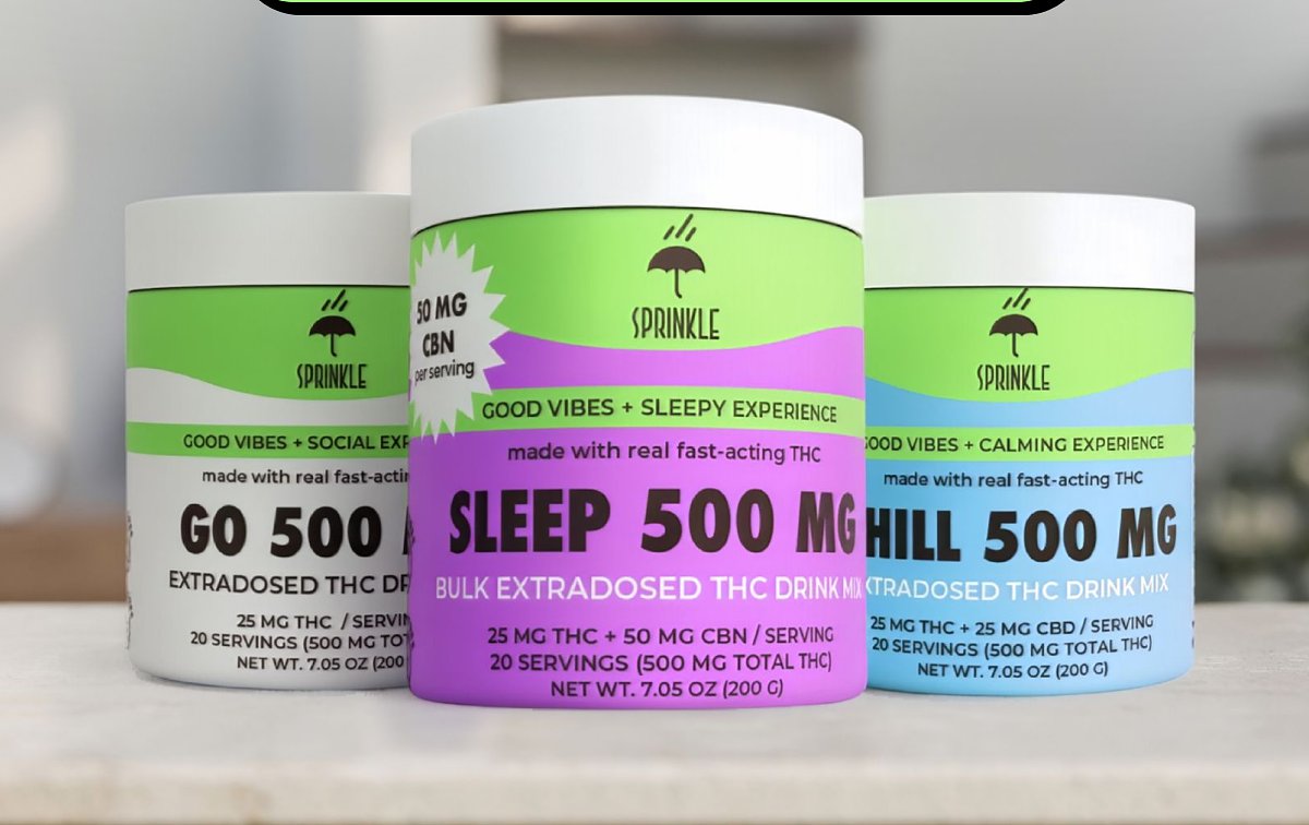 Three containers of Sprinkle drink mixes: Go 500 mg, Sleep 500 mg, and Chill 500 mg.