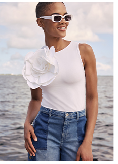 White Sleeveless Cotton Jersey Top With White Oversized Statement Flower