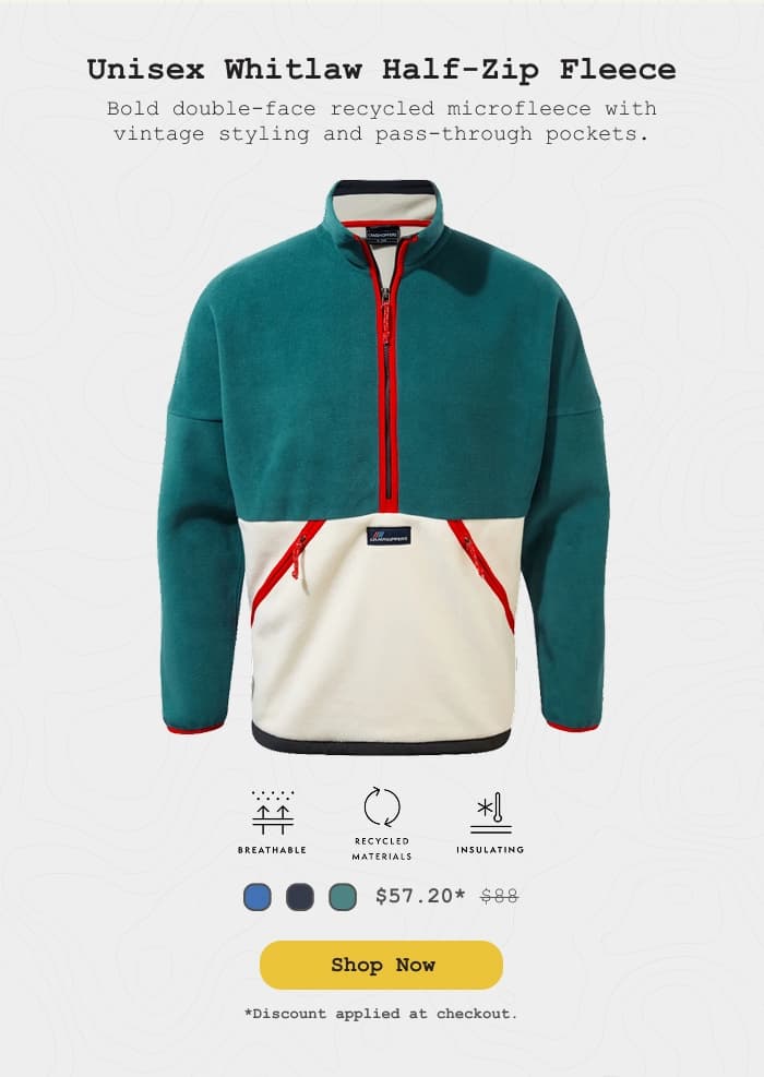 Studio product photo of the Unisex Whitlaw Half Zip Fleece: On Sale Now.