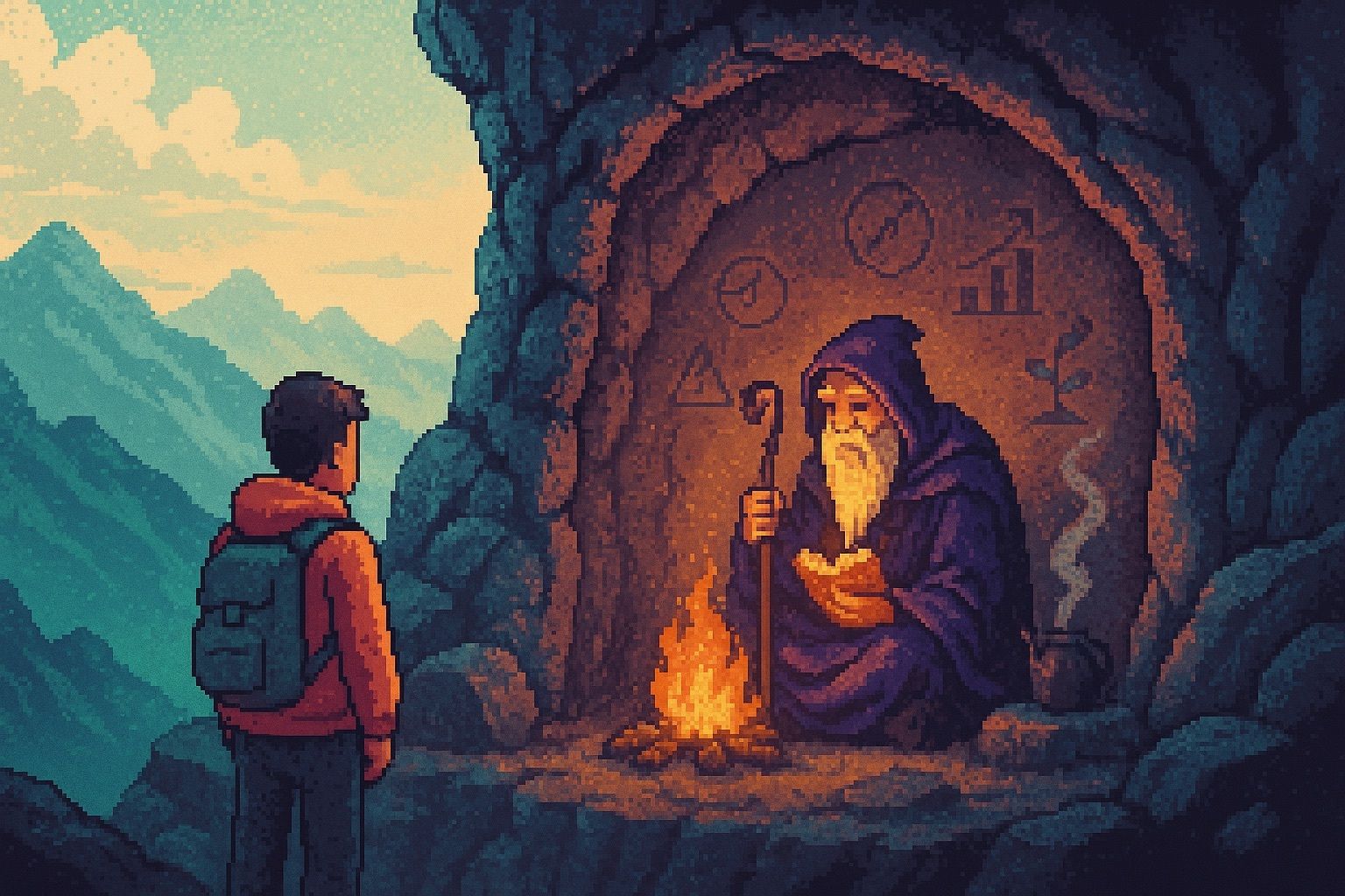 16-bit pixel art scene of a young entrepreneur meeting a wise mentor in a glowing cave at dawn, set in the mountains with soft light and symbolic details.