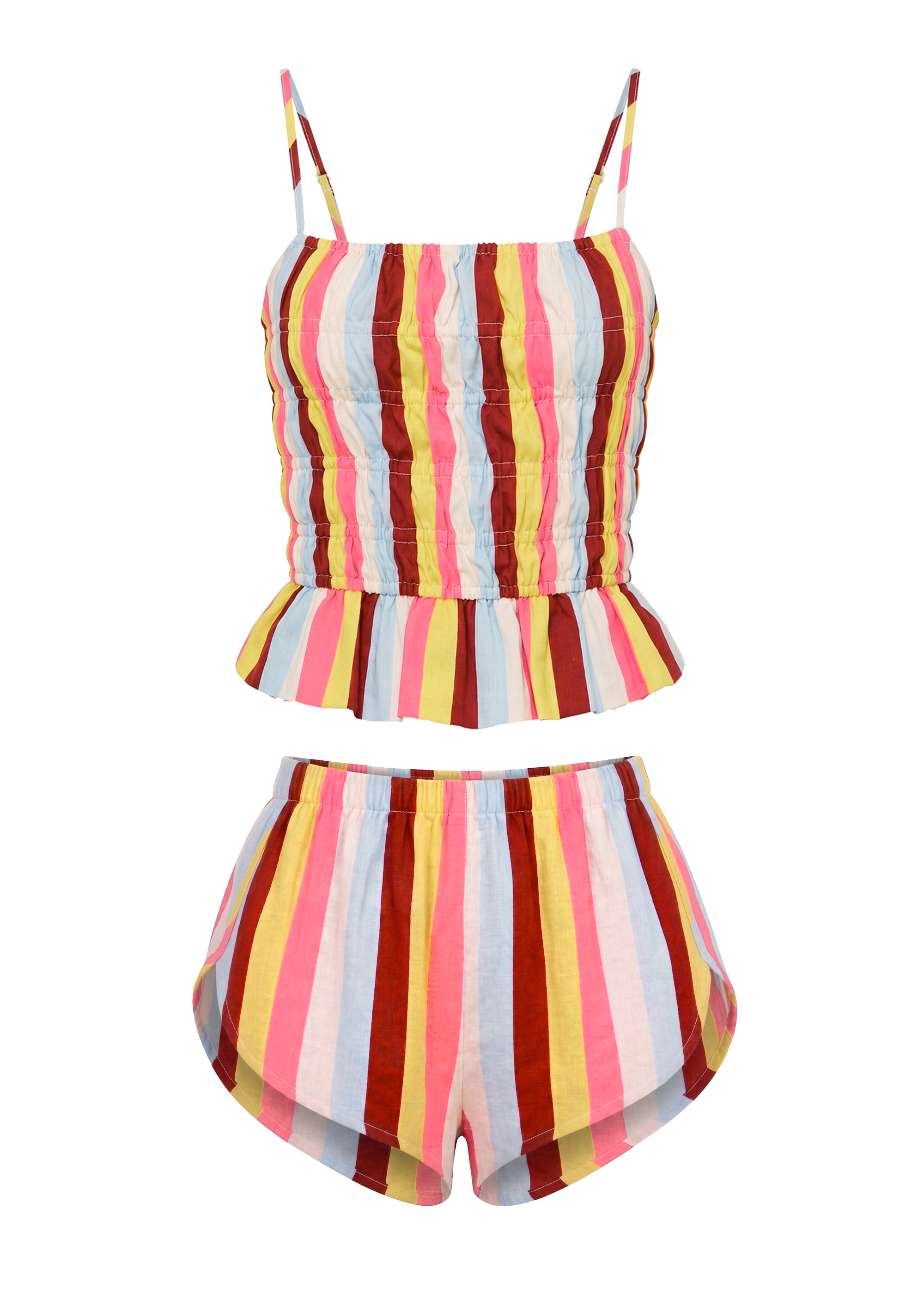 flat image of smocked stripe tank top and matching striped shorts