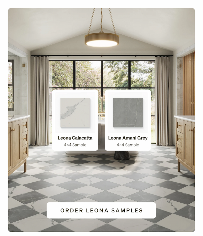 A large bathroom with a checkerboard floor and two floating samples: Leona Calacatta (white) and Leona Amani Grey (gray).