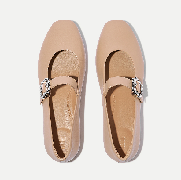 DELICATO Crystal-Buckle Leather Mary Janes Beige Image