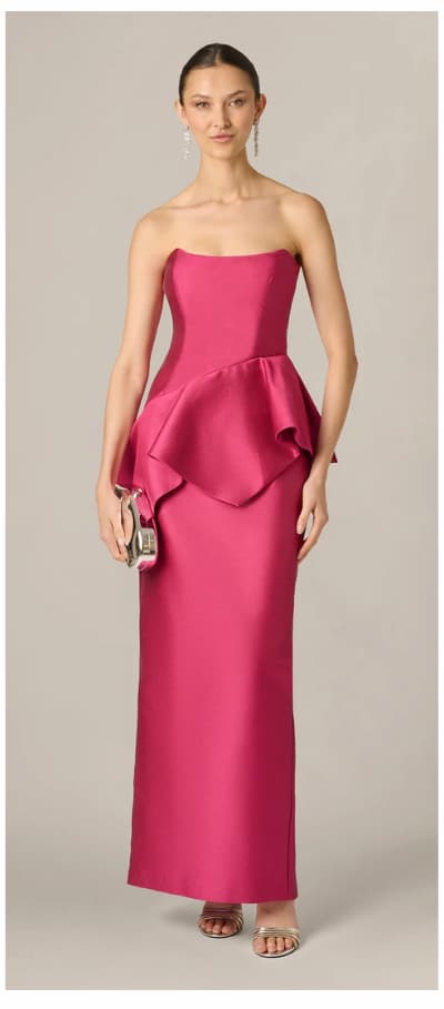 Strapless Asymmetrical Peplum Gown In Bright Rose