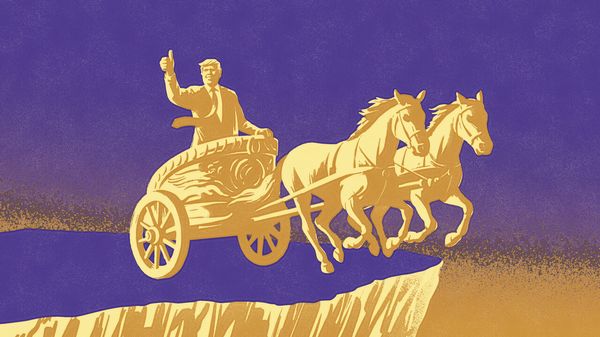Illustration of Donald Trump giving a thumbs up in a chariot pulled by two horses about to go off a cliff