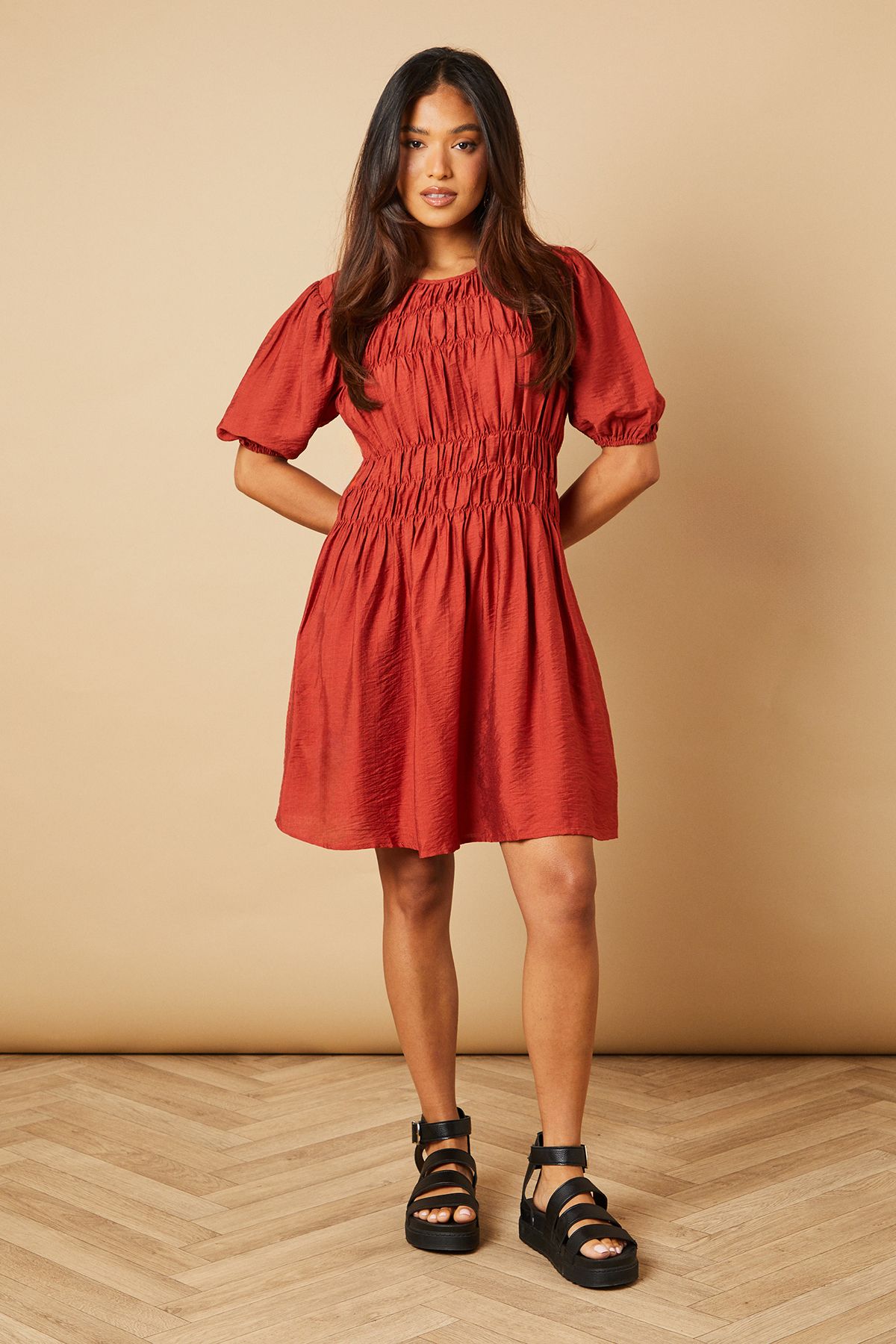 Petite Shirred Bodice Puff Sleeve Mini Dress