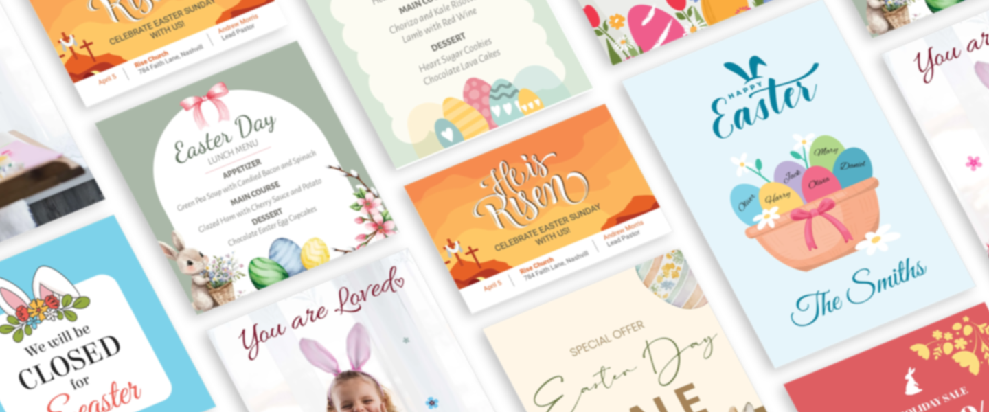 Collection of Easter sign templates including menus, church announcements, egg hunt posters, and holiday designs arranged in a grid layout 