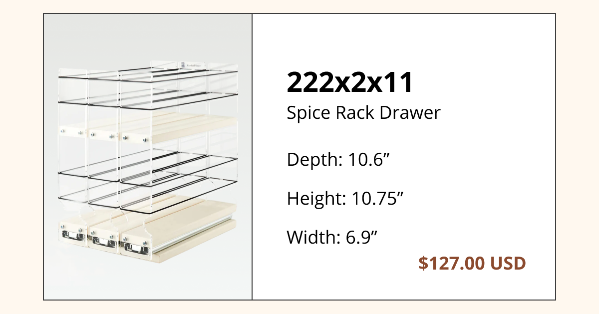 Double-tier pull-out spice rack drawer 10.6 inch depth with metal wire shelves and wooden base