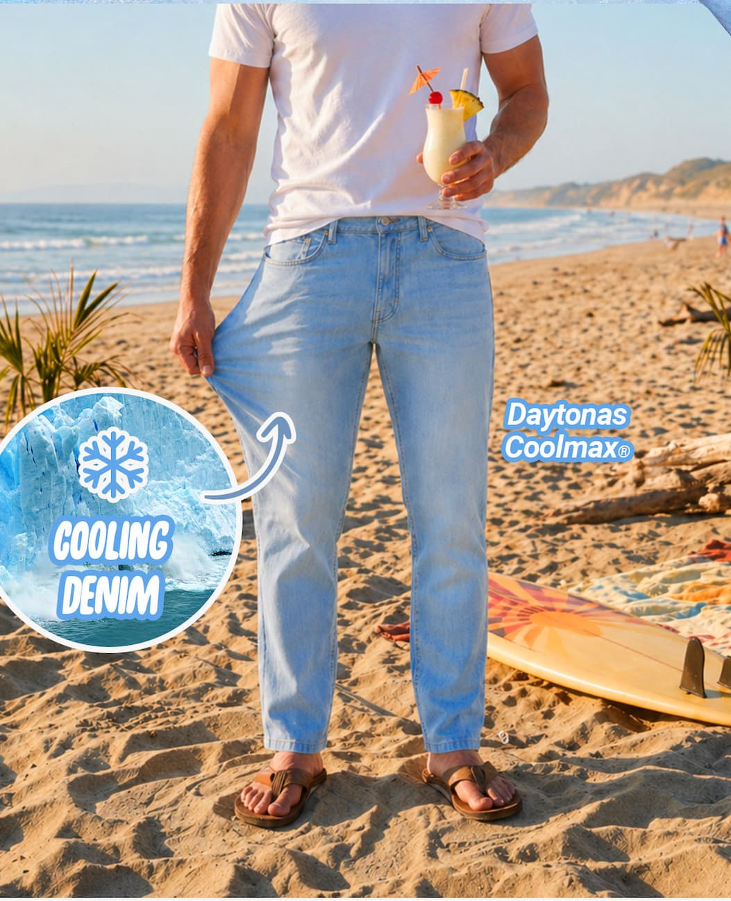 Cooling denim, daytonas coolmax, (IMG OF MAN DRINKING PINA COLADA IN JEANS)
