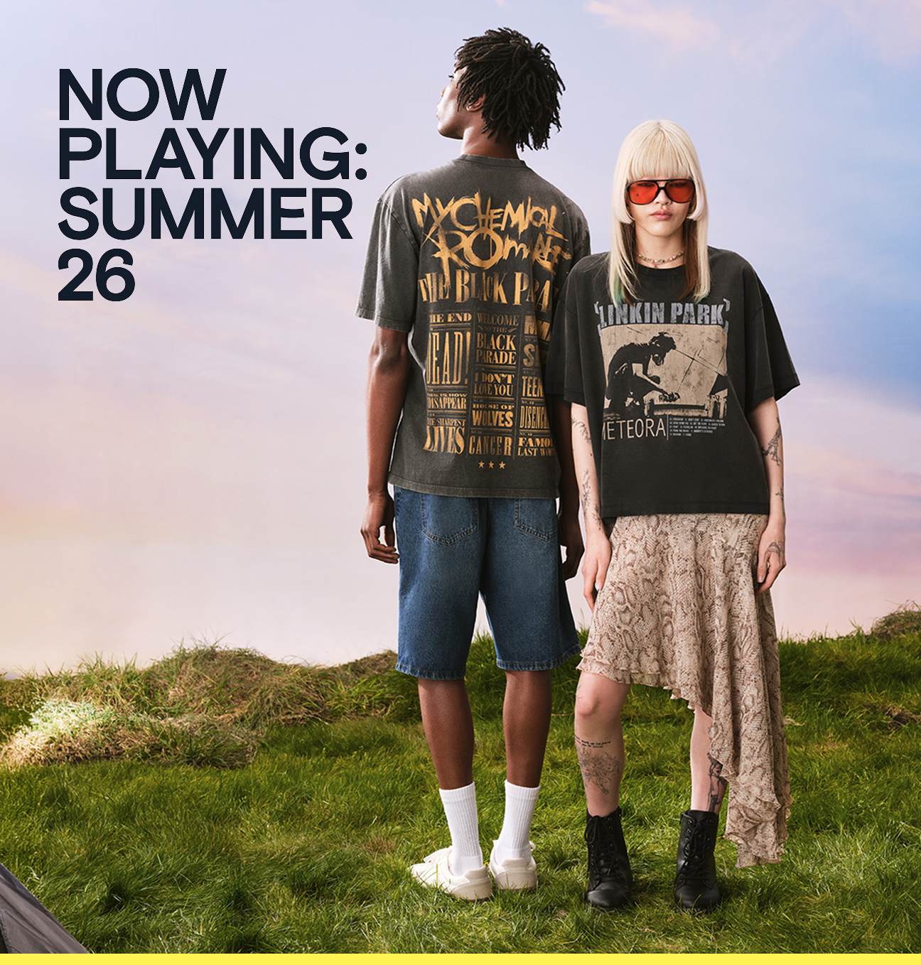 Now playing: summer 26. Man and woman wearing a band T-shirts from Primark.