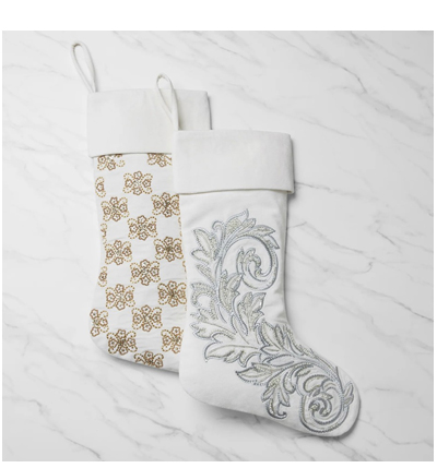 Sferra Frosty French Country Silver Embroidered White Cotton Stocking