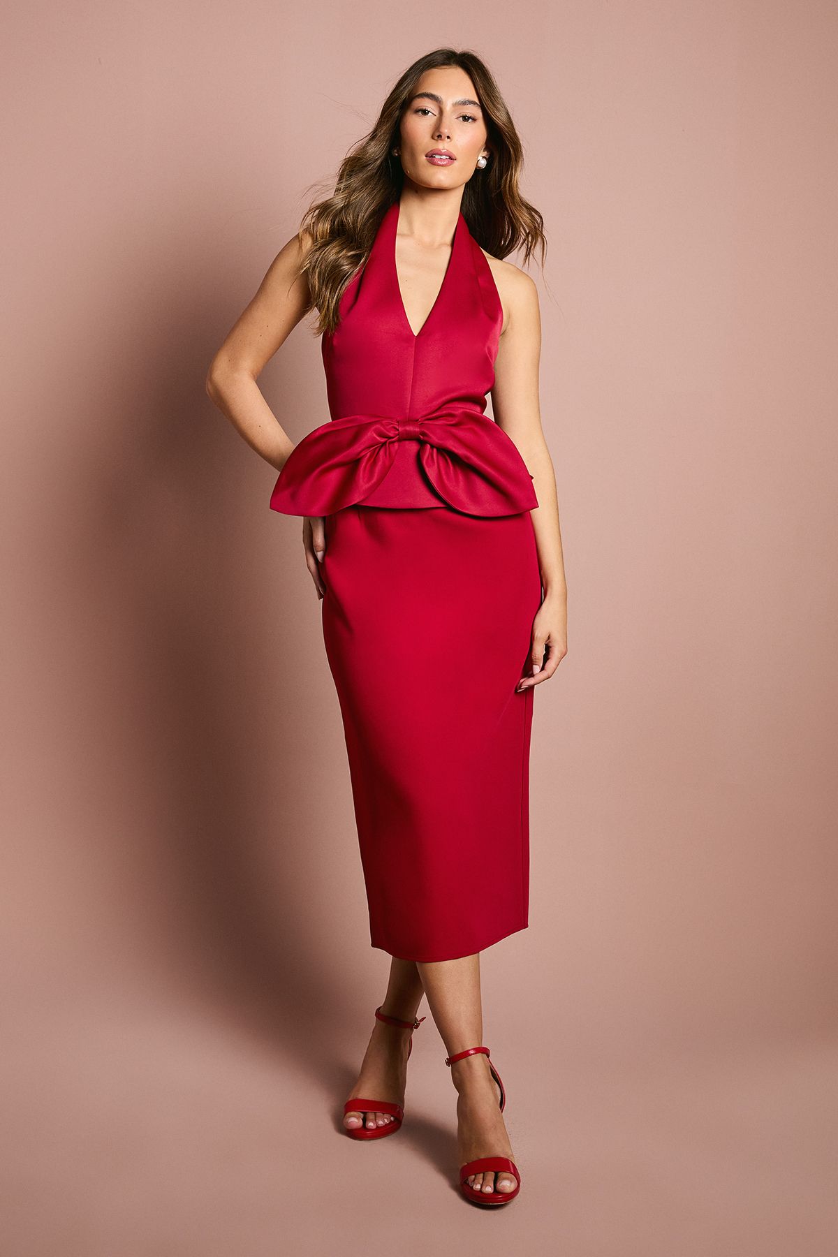 Halter Neck Structured Satin Column Midi Dress