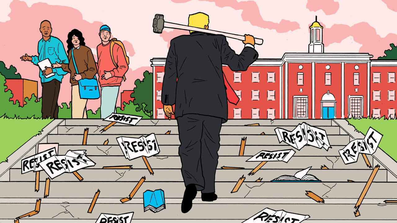 An illustration depicting Trump poised to smash a university with a hammer, as students and teachers look on in fear.