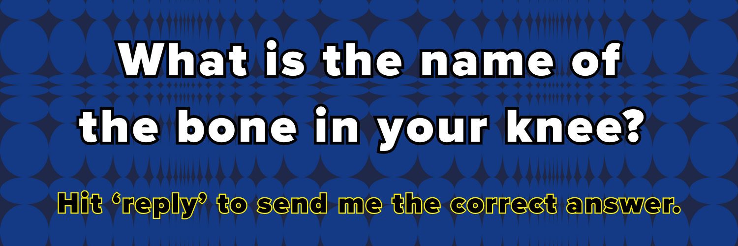 What is the name of the bone in your knee? Hit ‘reply’ to send me the correct answer.