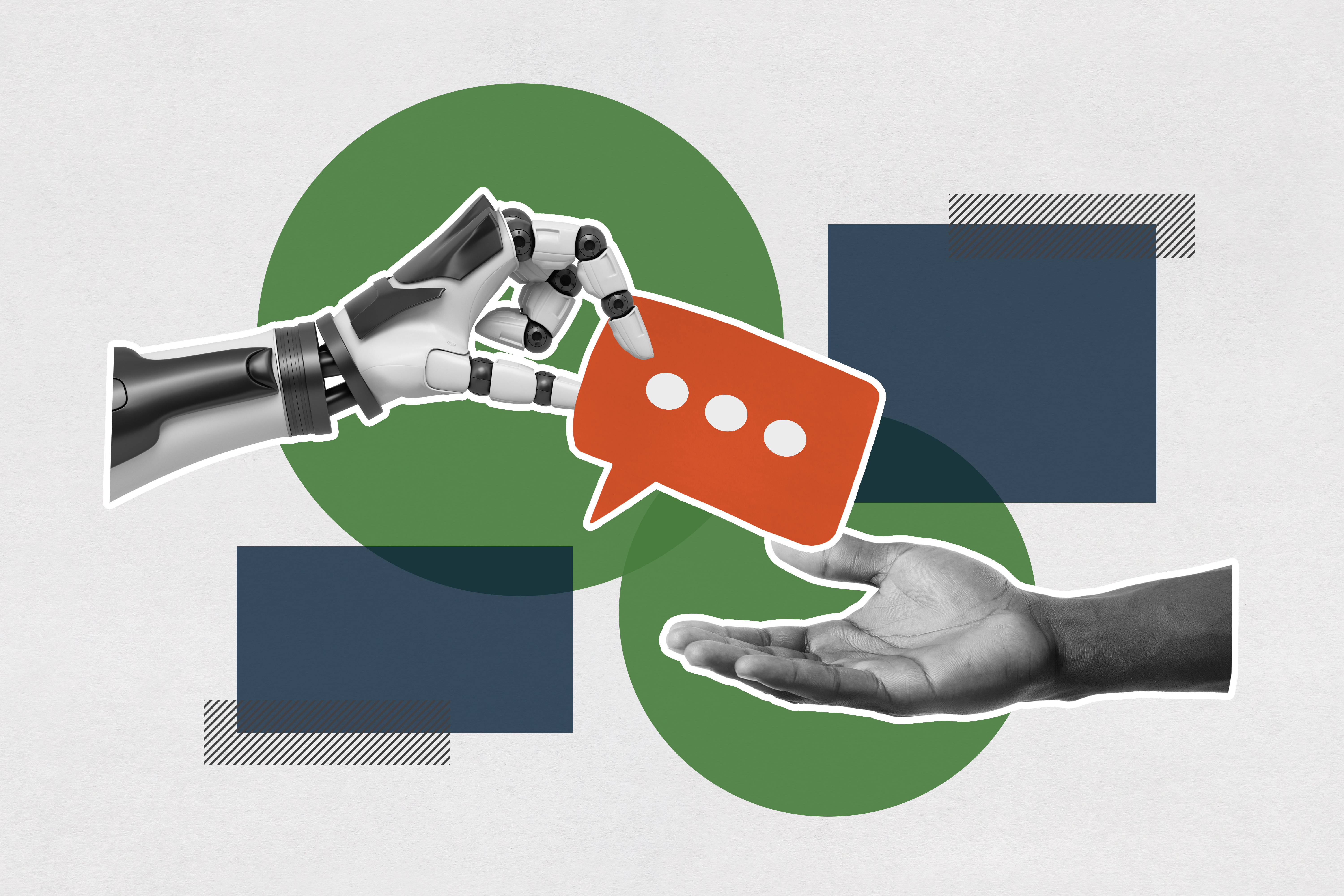 Robot handing a chat box to a human hand.