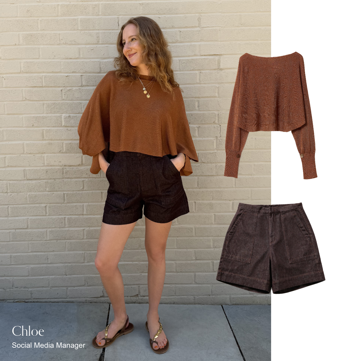 Camel top dark shorts sandals
