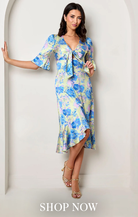 Short Sleeve Tie Front Floral Midi Dress in Yellow