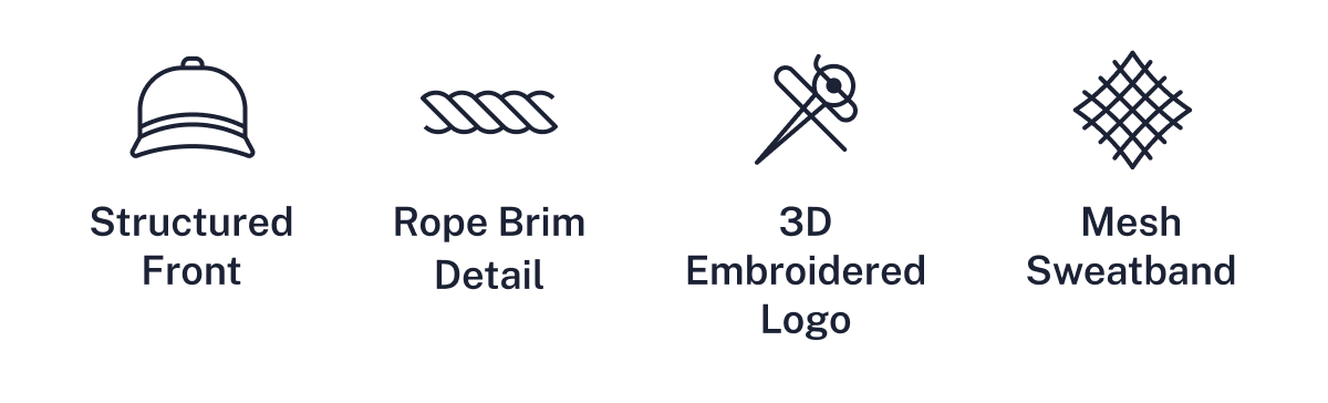 Structured Front · Rope Brim Detail · Mesh Sweatband · 3D Embroidered Logo