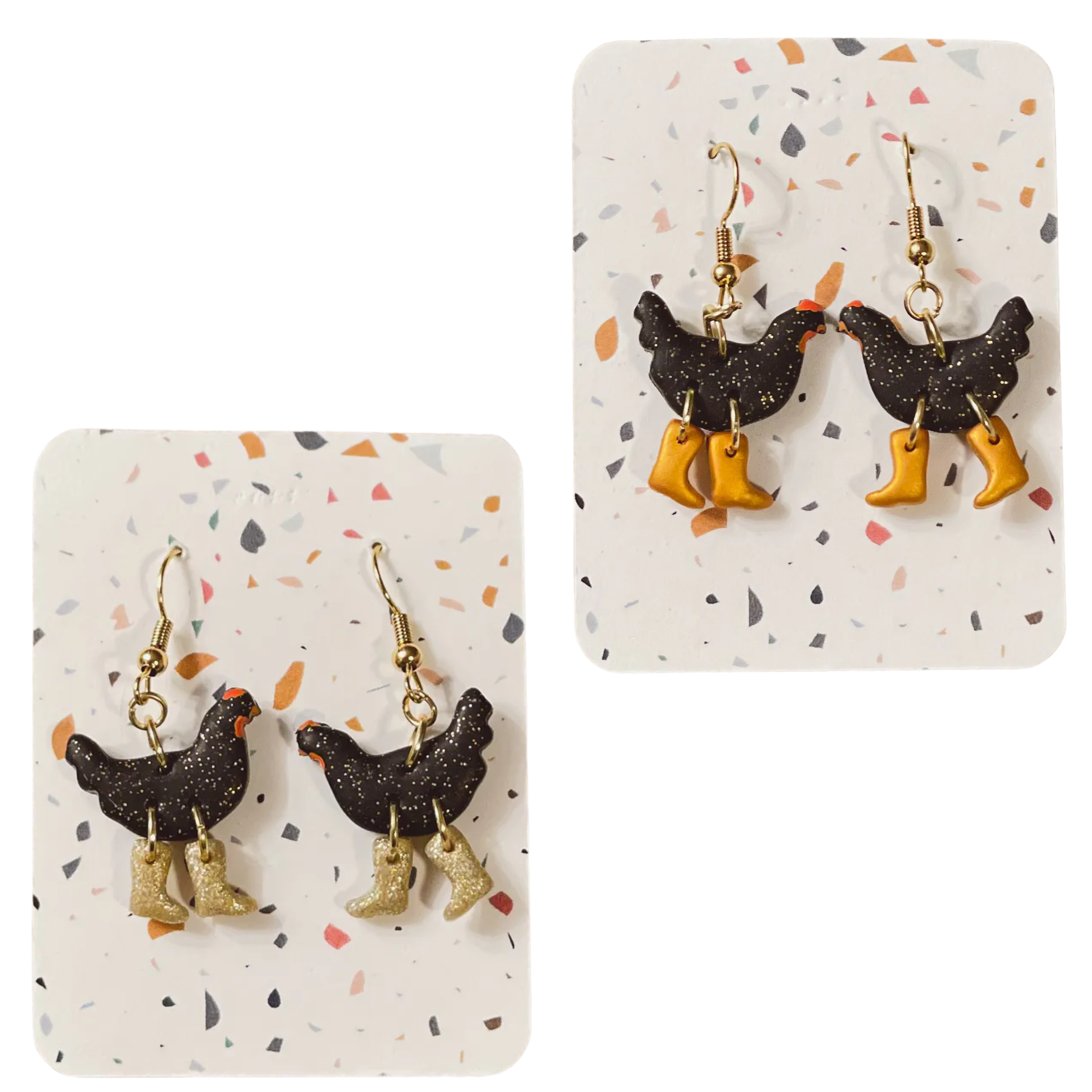 Image of Black Sparkle Chickens with Boots Earrings