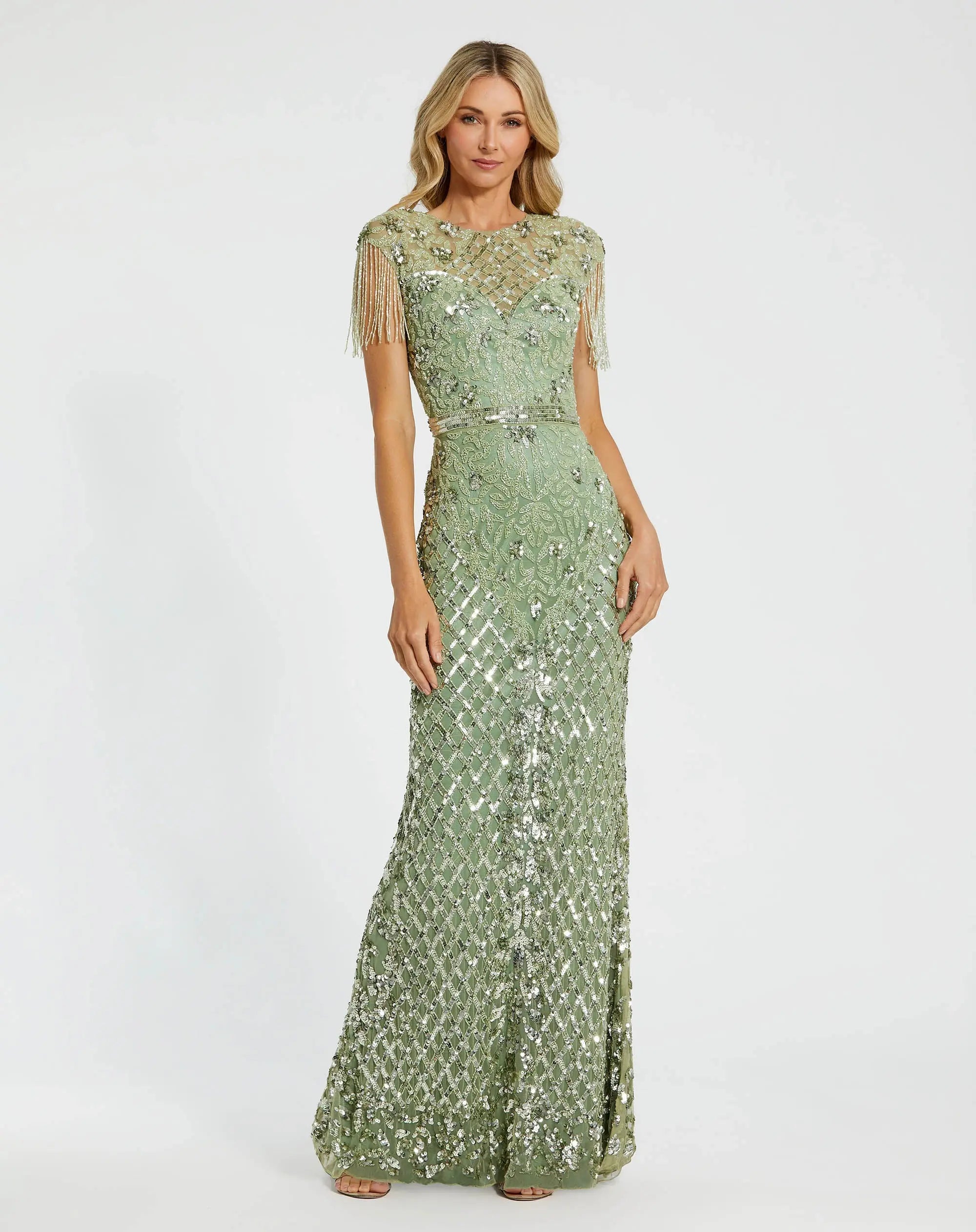 Image of Petite Green High Neck Beaded Fringe Fitted Gown