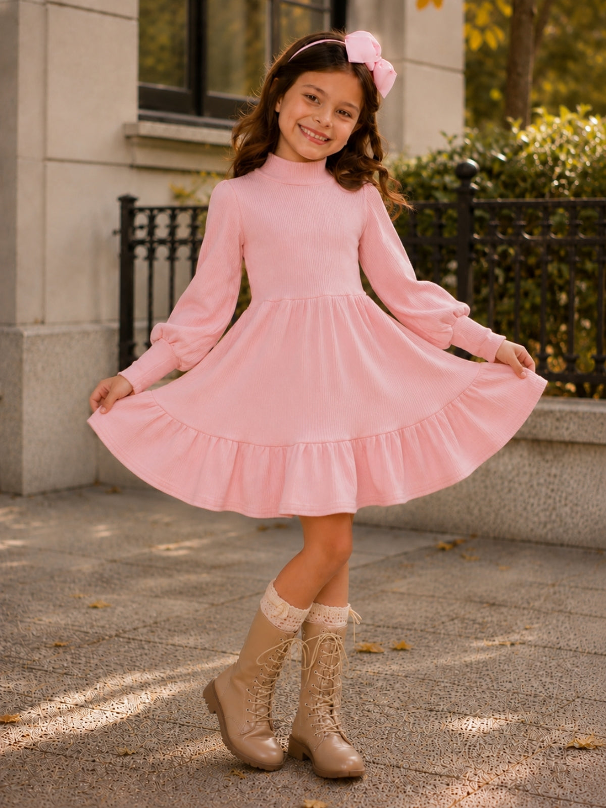 Image of Autumn Blush Ribbed Ruffle Twirl Dress