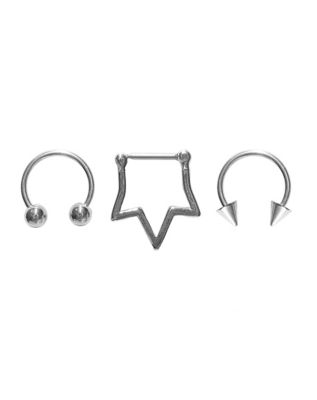 Multi-Pack Star Spike Horseshoe and Clicker Septum Rings 3 Pack - 16 Gauge